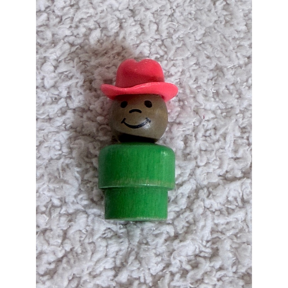 Vintage Fisher Price Little People Wood Cowboy Figure Green Body Red Hat Toy